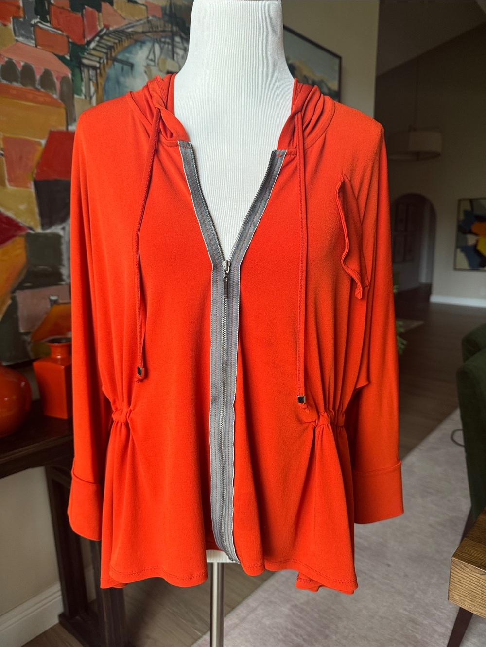 Lauren Vidal Paris Artistic Orange Zip Hoodie Batwing Sleeve Jacket